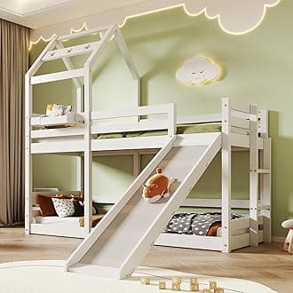 LTGB 3FT Bunk Beds for Kids, Wooden Bunk Bed Treehouse With Slide & Ladder 90 X 190 Cm, 3ft Cabin Bed For Children - 2x Slatted Frame - White【UK Fast Delivery】
