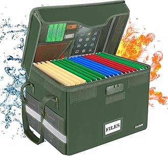 Fireproof Document Box with Lock,File Storage Organizer with Mesh Pockets＆Lid,Collapsible Portable File Box Home Office Safe Filing Cabinet with Handle for Hanging Letter/Legal Folder,Green