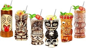 Tiki Mugs, Tiki Glasses Set, Cocktail Mugs, 6-Piece Cocktail Glasses Set, Tiki bar Accessories, Hawaii Party for Premium Tropical Cups Drinks for Exotic Party