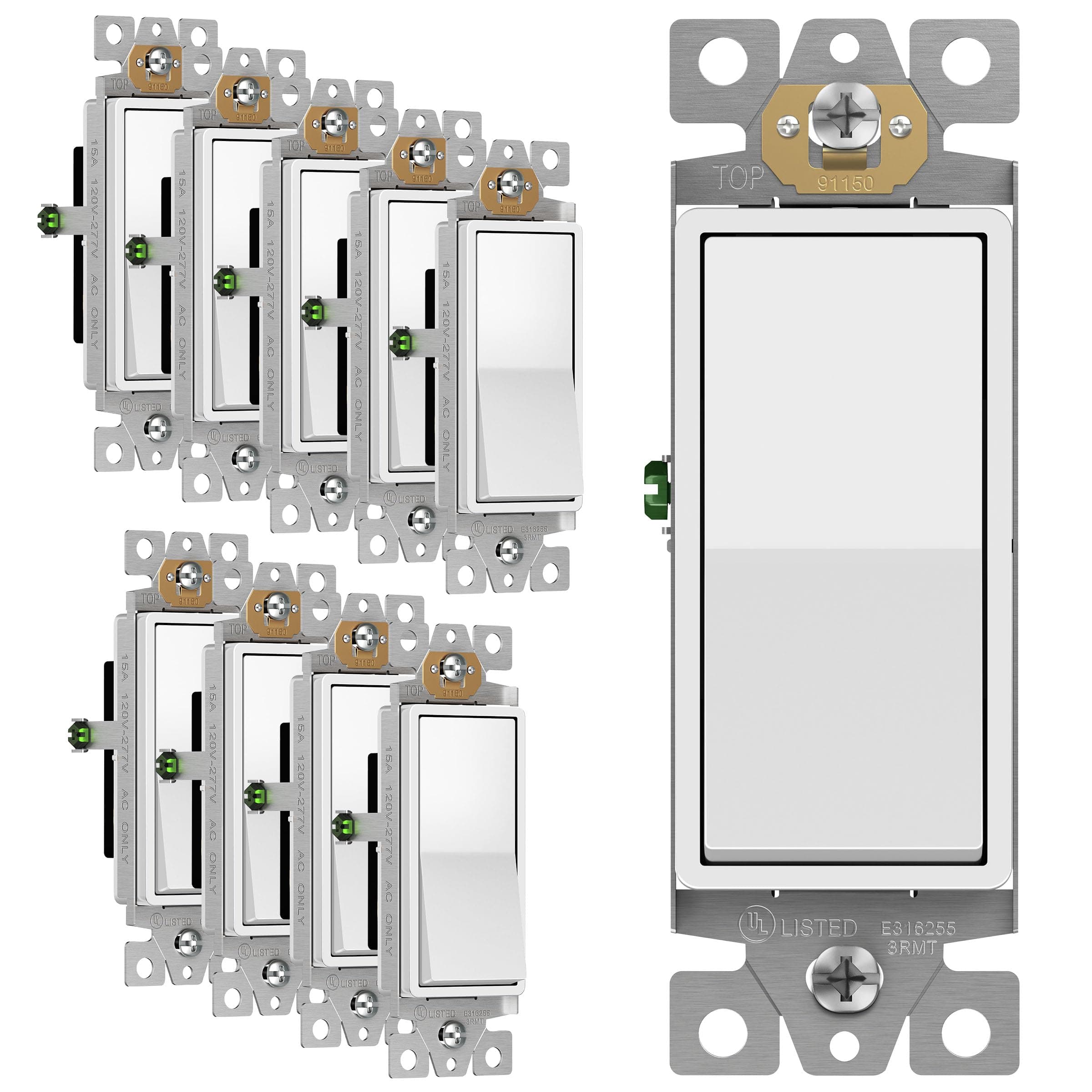 Decorator Paddle Rocker Light Switch, Gloss Finish, Single Pole, 3 Wire, Grounding Screw, Residential Grade, 15A 120V/277V, UL Listed, 91150-W-10PCS, White (10 Pack)