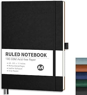 Lined Journal Notebook, 96 Numbered Pages, A4 Large Size (8.5'' x 11''), for Men & Women, Journaling, Writing, Work & Office, Leather Softcover, 100 GSM Thick Paper (Black)