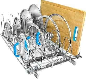 LYNK PROFESSIONAL® Pull Out Pot Lid and Cookie Sheet Organizer Rack for Cabinet - Lifetime Ltd. Warranty - Sliding Kitchen Organizers – Pans, Lids, and Tray Storage - 14W x 21D, Extra-Large, Chrome