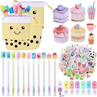 Sabary 228 Pcs Kawaii Stationary Set Include Telescopic Pencil Pouch Case Bag Gel Ink Pen Sticky Note Bubble Tea Sticker Pill Highlighter Stationary Cute School Supplies for Christmas(Bright)