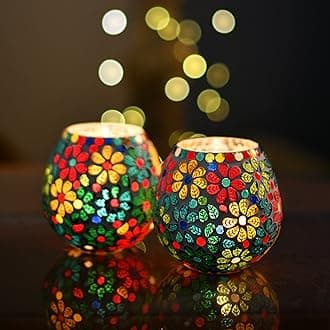 Tealight Candle Holders for Home Decor, Mosaic Glass, Flowers, Decorations for Home, Item for Diwali Festival Home Decor Item | Pack of 2