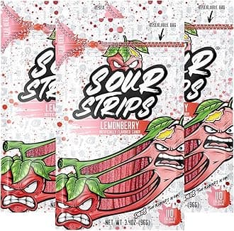 Sour Strips Sour Candy Belts, Lemonberry, Resealable Candy Bags, 3.4 Ounce (Pack of 3)