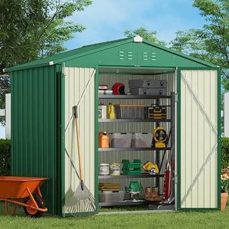 Gizoon Outdoor Storage Shed 8 x 6 FT, Galvanized Metal Garden Shed with Double Lockable Doors, Outdoor Storage Clearance for Backyard Patio Lawn-Green