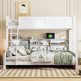 Twin XL Over Queen Bunk Bed with Storage Shelves and USB Ports,Wooden Bunker Bed Frame and Underneath Bookshelf,No Box Spring Needed,Kids,Adults-Antique White