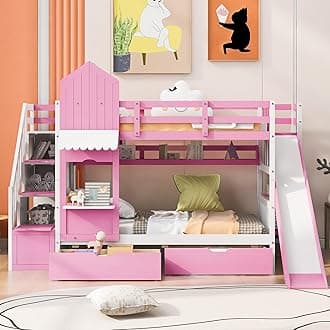 Harper & Bright Designs Twin Over Twin Kids Bunk Bed with Staircase, Solid Wood Castle Bunk Bed with Slide, Storage Drawers & Bookshelf for Kids Teens Girls Boys - Pink