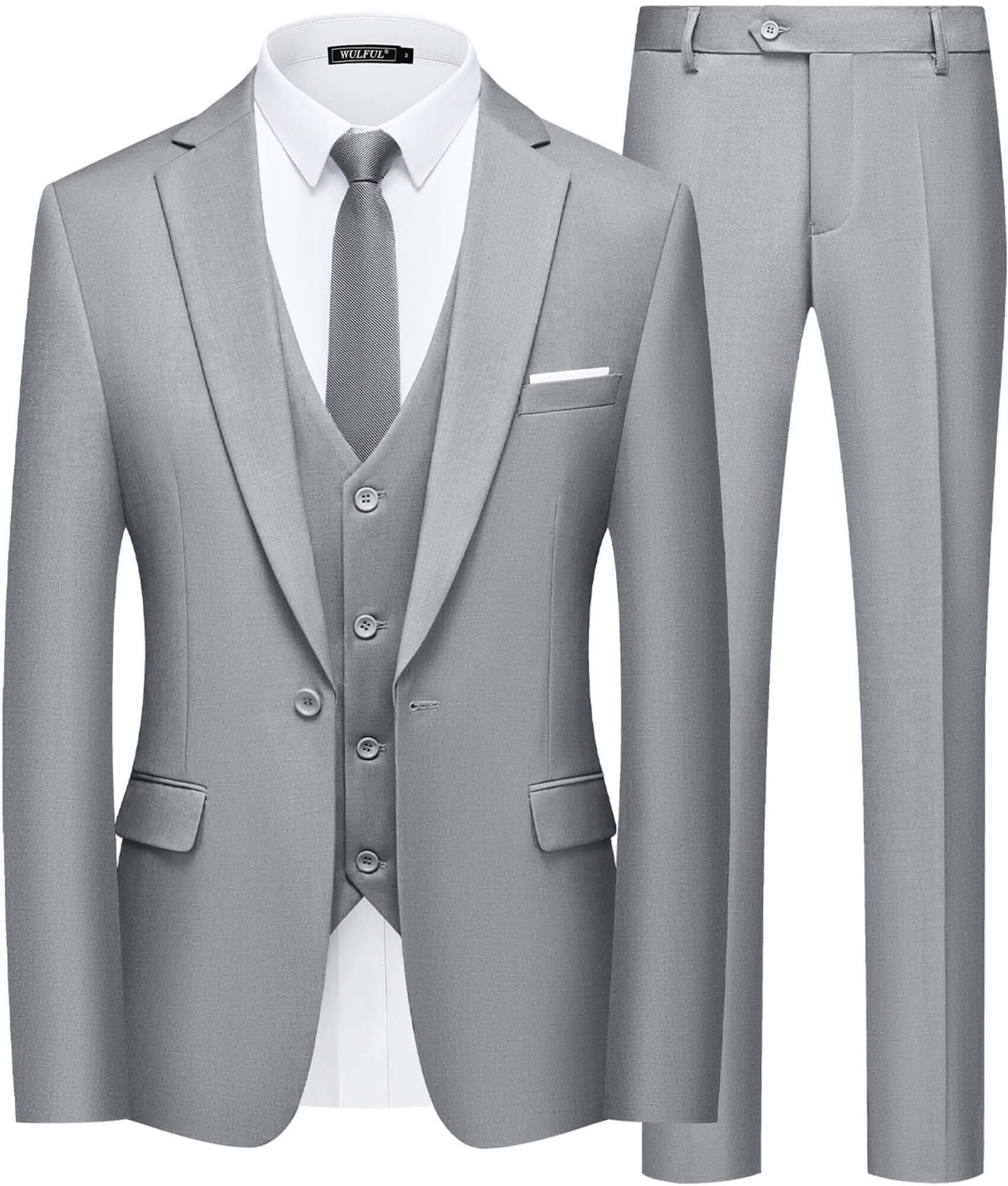 WULFUL Menâs Slim Fit Suit One Button 3-Piece Blazer Dress Business Wedding Party Jacket Vest & Pant