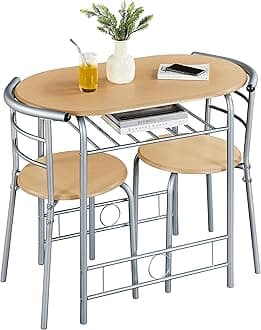 Yaheetech 3 Piece Dining Room Set, Modern Round Dining Table & Chairs Set for 2, Compact Breakfast Bar Table Set with Metal Legs and Shelf, Built-in Wine Rack for Dining Room, Living Room, Natural