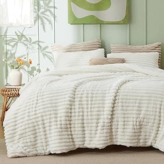 Bedsure Fluffy Comforter Set Full Size - Super Soft Faux Fur Bed Set Cream White, All Seasons Warm Plush Fleece Bedding, 3 Pieces, 1 Shaggy Fuzzy Full Size Comforter with 2 Pillowcases