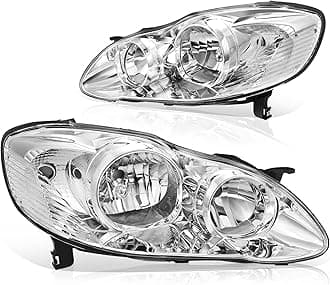 DWVO Headlight Assembly Compatible with 2003 2004 2005 2006 2007 2008 Corolla Headlamp Replacement Chrome Housing Clear Reflector Clear Lens Driver and Passenger Side Head Lights