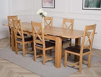 OAK FURNITURE KING Richmond 200cm - 280cm Large Oak Extending Dining Table and 6 Chairs Dining Set with Berkeley Oak & Leather Chairs