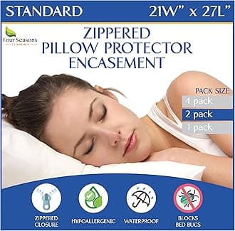 Four Seasons Essentials Standard Pillow Protectors (Set of 2) ââ‚¬â€œ Allergy Pillow Cover Bedbug Waterproof Hypoallergenic Dust Mite Proof Zippered Encasement