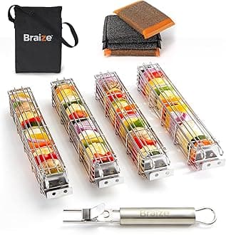 Kabob Grilling Basket Set of 4 with Removable Handle – Stainless Steel Baskets for Grilling Vegetables, Fish & Kabobs – Outdoor BBQ Accessories with Heavy-Duty Scrub Sponge