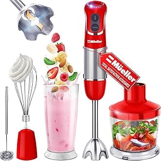 Mueller Multistick 800W 4-in-1 Immersion Blender Handheld, 12 Speed Hand Mixer - Turbo Boost, Heaviest Duty Copper Motor, Titanium Blades Hand Blender, Milk Frother Wand, Whisk, Beaker, Chopper, Red
