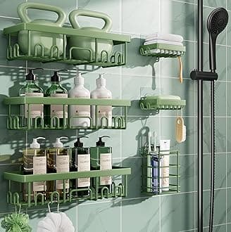 Veken Rustproof & Waterproof Shower Caddy 6-Pack, No Drilling Adhesive Shelves Rack with Soap Holder, Large Capacity Bathroom Organizers and Storage, Wall-Mounted Kitchen & Home Decor, Green