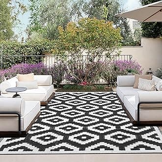 OutdoorLinesOutdoor Reversible Rugs for Patio 9x12 ft - Plastic Area Rug, Stain & UV Resistant Portable RV Carpet, Plastic Straw Mats for Porch, Pool Deck and Camping Diamond/Black & White