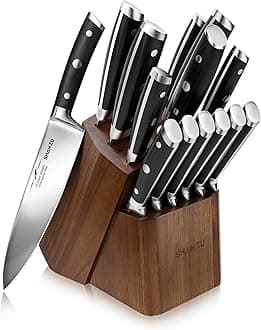 SHAN ZU Kitchen Knife Block Set, Kitchen Knife Set With Knife Block, 14-Piece German Super Steel Stainless Steel Knife Set With Detachable Knife Block and Ergonomic Handle