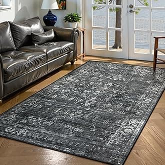 Margot Washable Black 4x6 Area Rugs for Living Room Bedroom, Boho Vintage Non Slip Stain Resistant Floor Dining Room Carpet for Office Entrance Decor
