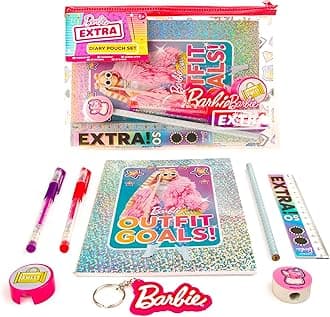Barbie Extra Diary Pouch Set - Barbie Stationary Sets For Girls - Back To School Stationery - Barbie Gifts - Contains Barbie Notebook, Gel Pens for Kids and Barbie Kids Keyring - Barbie Party Supplies