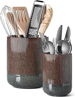 LE TAUCI Utensil Holder, 7.3"+5.4" Ceramic Kitchen Utensil Holder for Countertop, Black Cooking Utensil Crocks for Kitchen Counter, Morden Utensil Organizer for Spatula, Set of 2, Marble Dark Olive