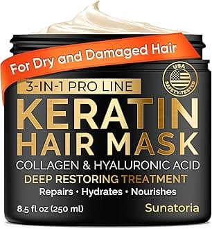 SUNATORIA Keratin Hair Mask - Deep Repair for Dry, Damaged Hair - Hydrolyzed Keratin, Hyaluronic Acid, Argan Oil and Collagen - Sulfate-Free, Paraben-Free| 8.5 fl oz