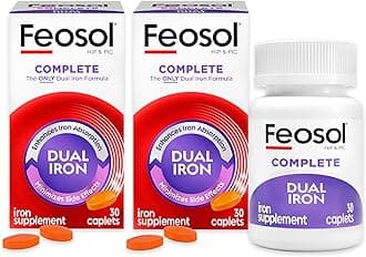 Feosol Complete Iron Supplement Caplets, Bifera Iron for High Absorption, Heme and Non-Heme Dual Action Minimizes Side Effects, 1 Per Day, Energy and Immune System Support, Pack of 2, Total 60 Count