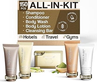 Terra Pure Spa Collection Bulk Set Toiletries | 1-Shoppe Amenities Kit for Hotels & Vacation Rentals | 0.85 oz Shampoo, Conditioner, Body Wash, Lotion, Cleansing Bar | 150 Pieces