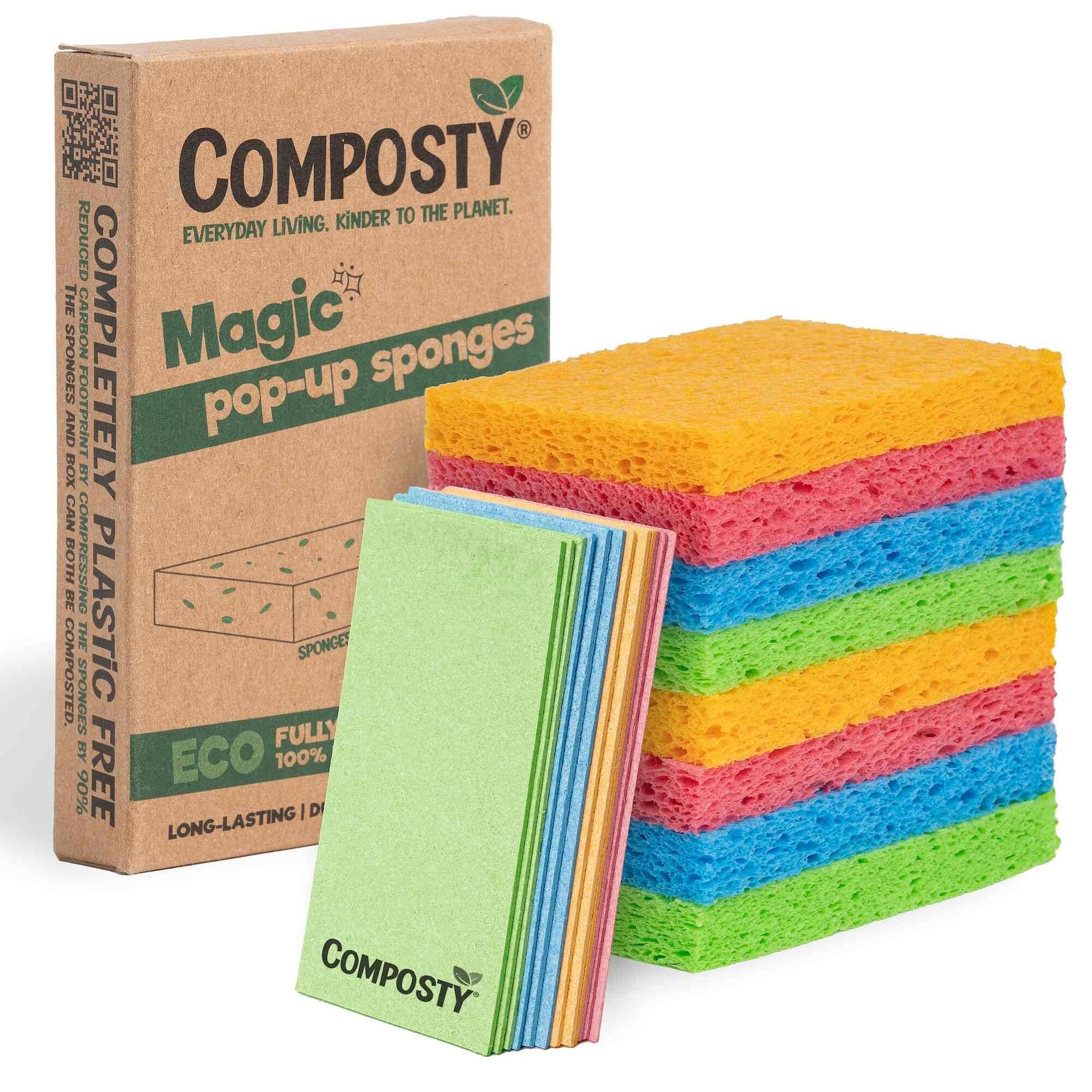 Composty Pop-Up Sponges 12 Pack | Eco Sponges Washing Up | Compostable Kitchen Sponge | Plastic Free, Non-Scratch | Reusable Cellulose Pads | Multiuse, washable, reusable, long-lasting, durable