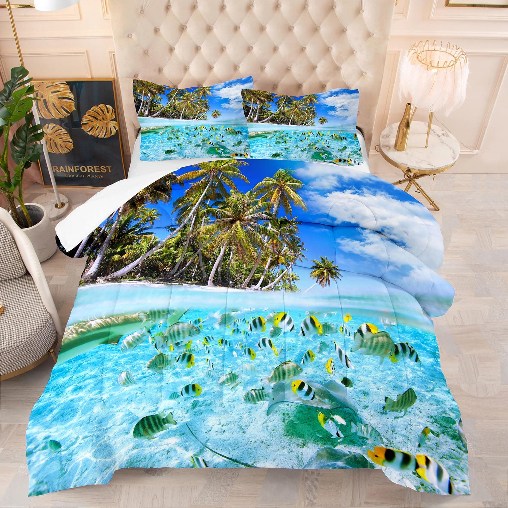 Tailor Shop Coastal Comforter Sets Coastal Bedding Sets Full Size Beach Themed Fish Bedding Set Sea Ocean Bed Sets with 1 Comforter 2 Pillowcases…
