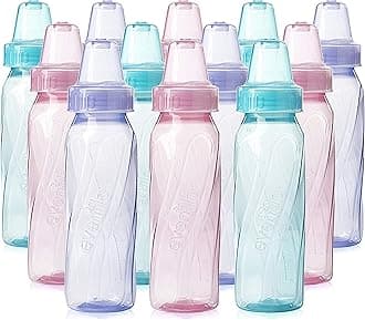 Evenflo Feeding Classic Tinted Plastic Standard Neck Bottles for Baby, Infant and Newborn, Pink/Lavender/Teal, 8 Oz, 12 Bottles