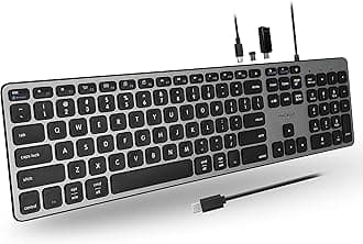 Premium Wired USB C Keyboard with USB Ports - Connect Up to 3 Devices - (2X USB-A |1x USB-C Ports) - Wired Keyboard for Mac, iMac, Macbook, and PC - Slim Full Size Type-C Keyboard - Space Gray