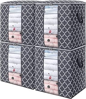 WISELIFE Storage Bags 4 Pack/100L Large Blanket Clothes Organization and Storage Containers for Comforters,Bedding, Foldable Organizer with Reinforced Handle, Clear Window, Sturdy Zippers,Gray