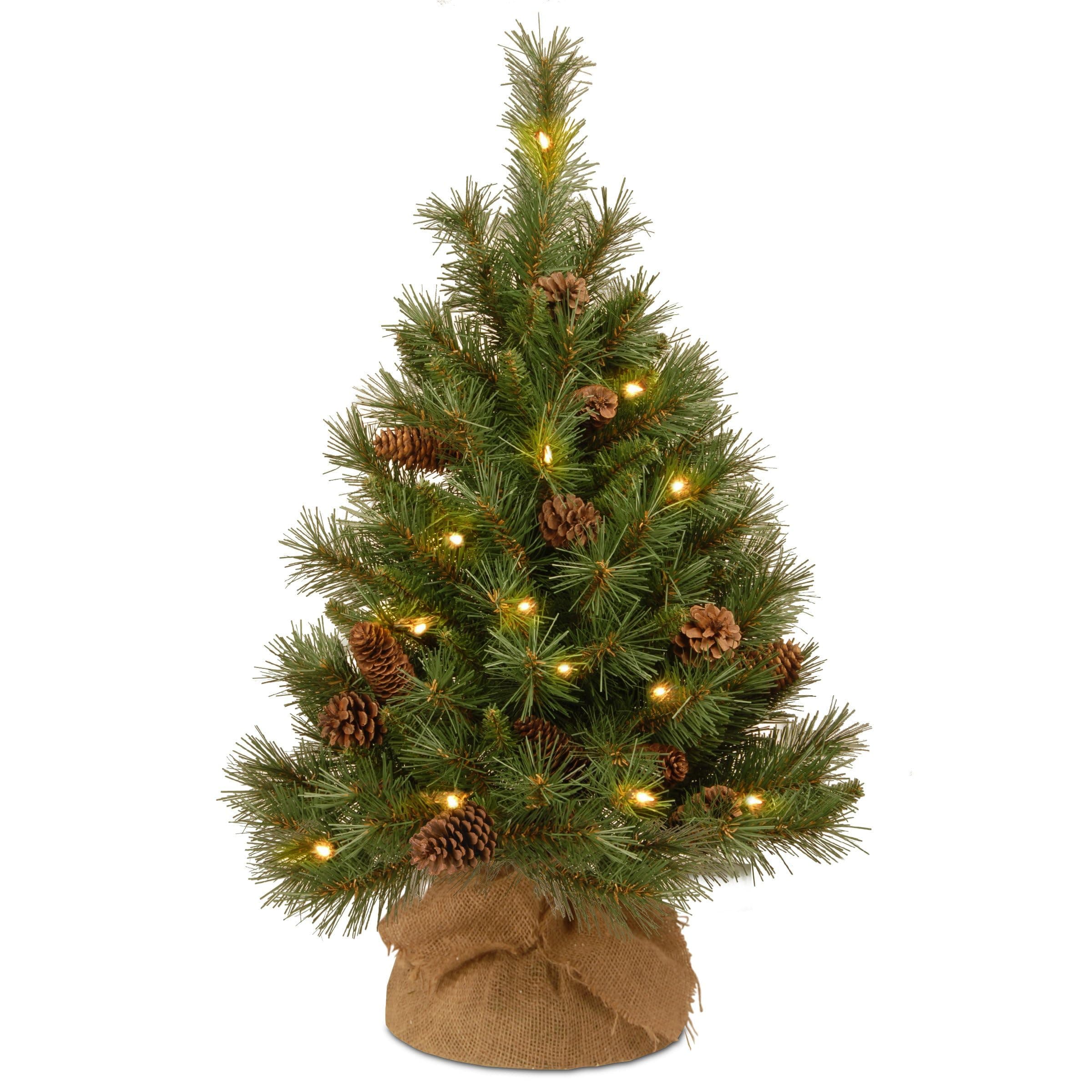 3 ft Pre-Lit Mini Artificial Christmas Tree, Pinecones, 35 Clear LED Lights, 144 Tips, Timer, Burlap Base, Green