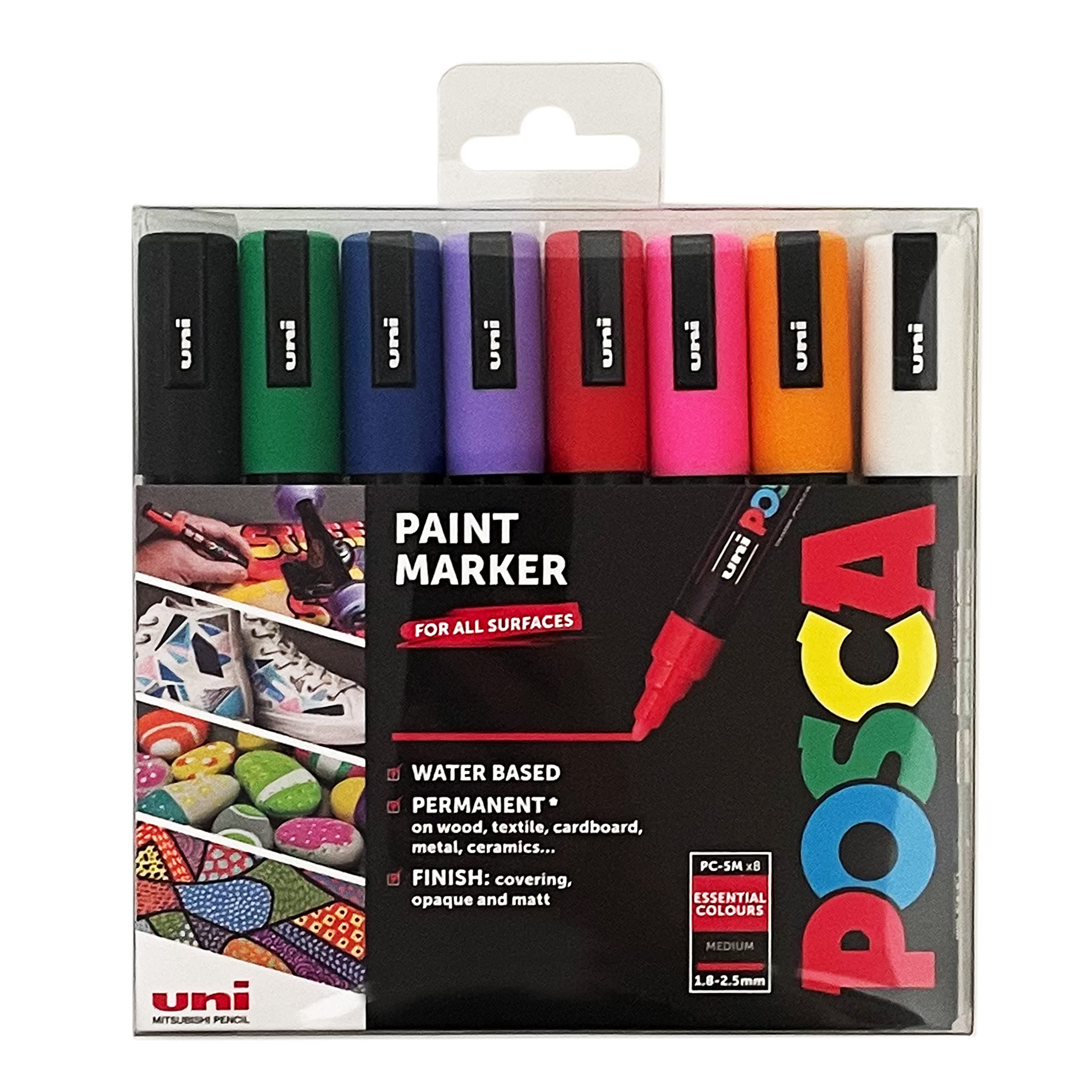 Posca Pens PC-5M Medium Acrylic Felt Tip Coloured Permanent Paint Markers for Adults and Kids. Perfect for Colouring, Fabric, Graffiti, Watercolour, Outline Drawing, Window and Glass Art. 8 Pack