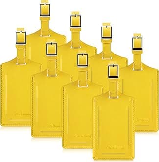 8 Pack Luggage Tags Faux Leather for Suitcases Travel Bag Labels Travel Accessories Essential with Protection Cover ID, Yellow, One Size, Classic, Vibrant, Functional