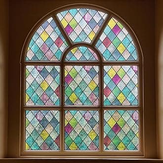 FEOMOS Stained Glass Window Film, Window Privacy Films, Colorful Lattice Window Tint, Rainbow Glass Decals Stickers for Home Anti UV 35.4 x 118 inches