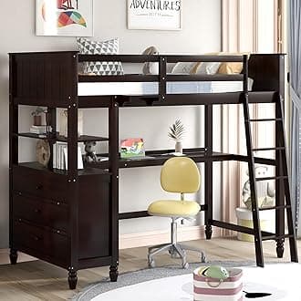 Chic Kids Loft Beds,Twin Size Loft Bed Pine Wood Frame Bed with Drawers and Desk,Storage Shelves,with Guardrail and Ladder,for Kids Boys Girls Teens (Espresso#P)