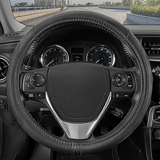 Motor Trend GripDrive Faux Black Leather Steering Wheel Cover for Car Truck Van SUV, Standard 15 inch Size, Solid Black Stitched Car Steering Wheel Cover Vehicle & Auto Accessories