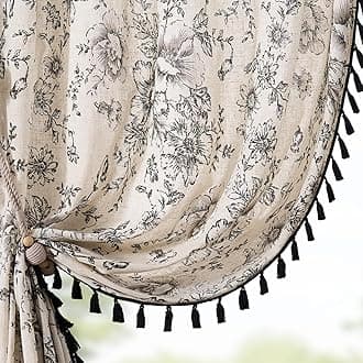 jinchan Linen Blend Curtain Floral Curtains for Living Room 63 Inch Length Printed Curtains with Tassels Rod Pocket Farmhouse Rustic Peony Flower Patterned Drapes Bedroom Window Curtains Set 2 Panels