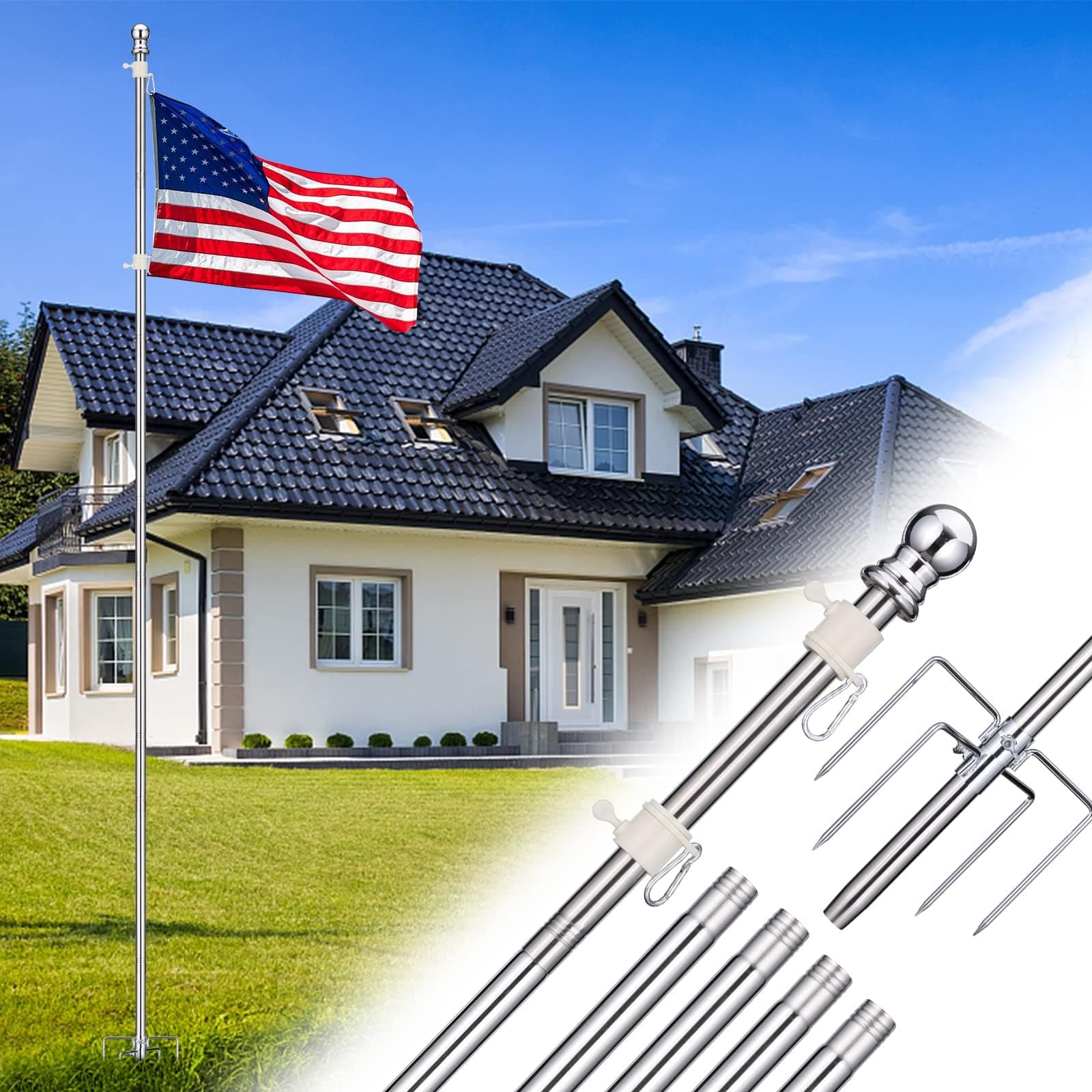 Flag Pole for Outside House in Ground - 8.5ft Adjustable,5 Pronges Stake Base - Heavy Duty Outdoor Inground Flag Pole Kit For Front Yard Garden Camper, 1" Portable Flagpoles Residential Stand