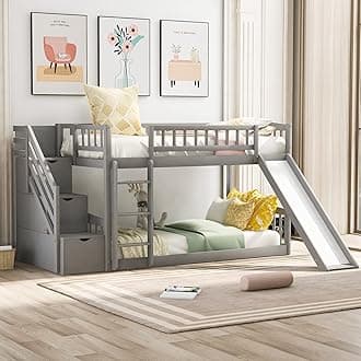 Bellemave Twin Over Twin Bunk Beds with Slide, Low Bunk Bed Frame with Storage Drawers Stairway Wood Bunk Bed with Slide for Kids Boys Girls, Gray Finish