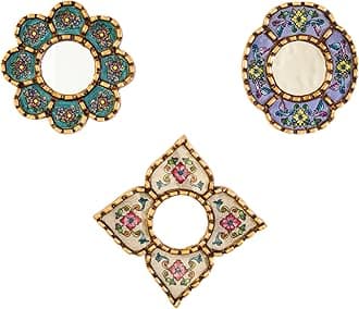 Artisan Small Accent Wall Mirror Set of 3 - Peruvian Mirrors for Wall with Bronze Leaf Frame - Reverse Painted Glass Mirrors