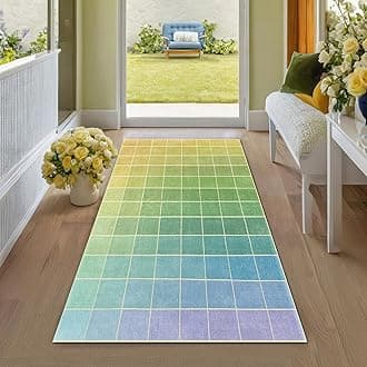 Mid Century Modern Ombre Green Checkered Runner Rug 2x6, Retro Eclectic Colorful Rainbow Contemporary, Washable Long Rugs Non Slip Low Pile for Hallway Entryway Kitchen Bathroom Laundry Room