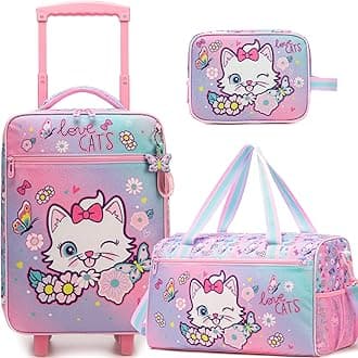 Kids Luggage Set with Wheels Girls Cute Cat Travel Softside Suitcases 16" Carry on Suitcase with Duffle Bag Girls Luggage Sets Airline Approved