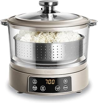3L Glass Mini Low Carb Rice Cooker – Holds 2 Cups Raw/Makes 6 Cups Cooked with Auto Lift Filter Basket, Hotpot & Steamer for Rice, Grains, Digital Panel with Keep Warm, Greige