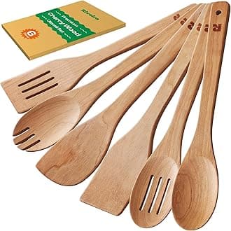 Riveira Cherry Wooden Spoons for Cooking Set of 6 – Natural Cherry Wooden Cooking Utensils, Wooden Spatula, Wooden Spoon - Premium Quality Utensil Set for Non-Toxic Cooking