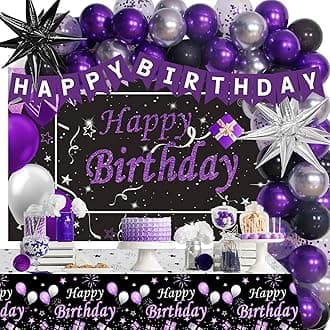 Black Purple Birthday Decorations for Women Girls Men, Purple and Silver Party Decorations Happy Birthday Backdrop Banner Confetti Star Silver Black Balloons Arch Tablecloth Party Supplies