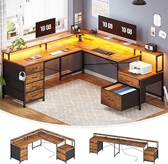 L Shaped Desk with 6 Drawer, 108" Home Office Desk with File Drawer & Power Outlet, Corner Computer Desk with Monitor Shelf, Two Person Desk, Gaming Desk with Led Lights, Rustic Brown